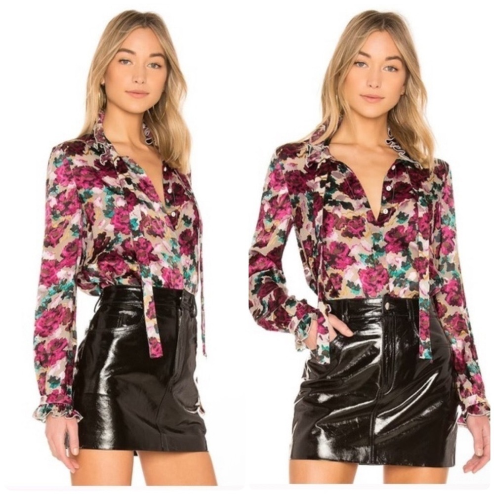 Saloni Emile Floral-Print Button-Front Silk Top 🌺 size 2